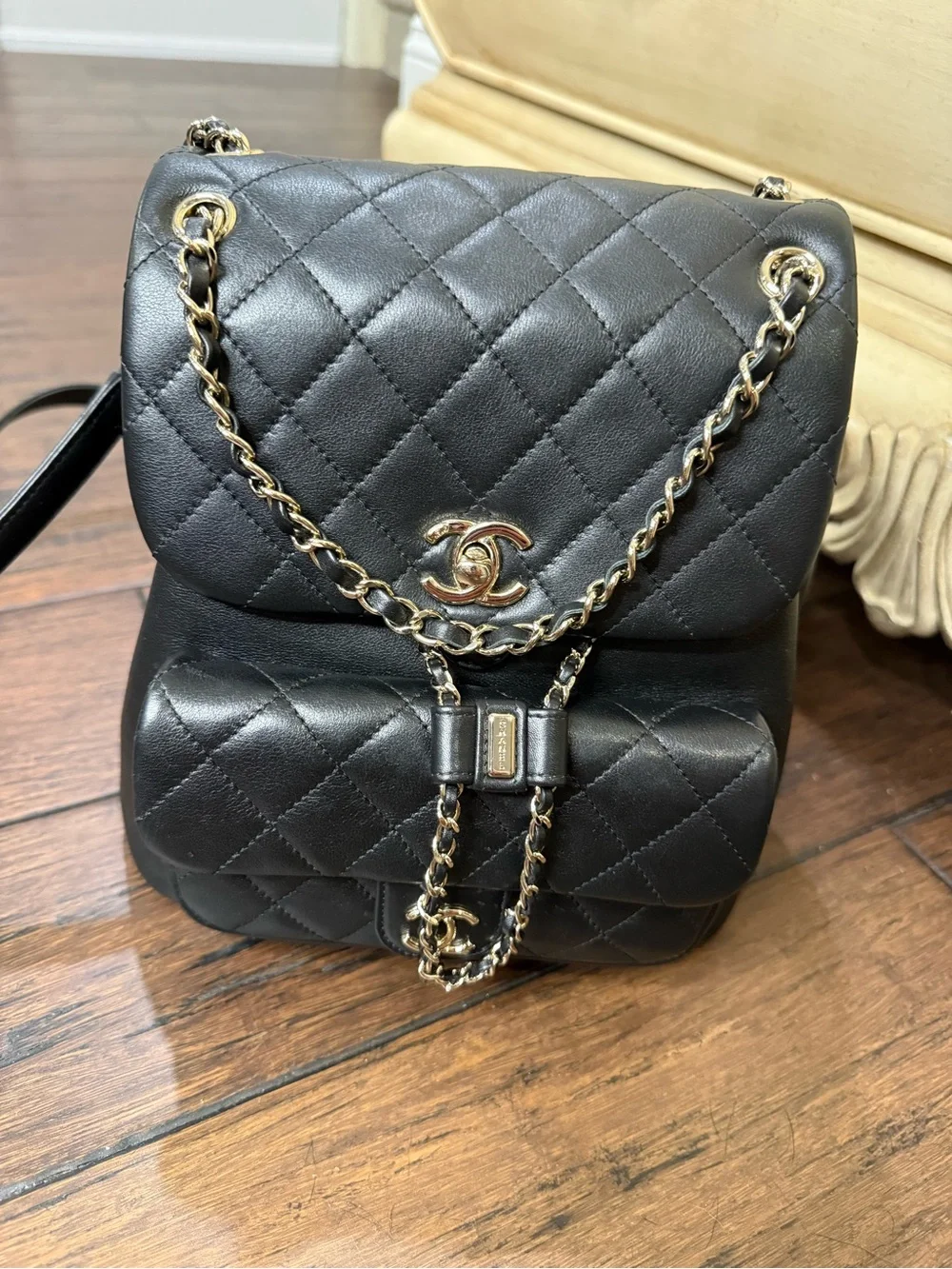Black Quilted Leather Backpack in with Gold hardware